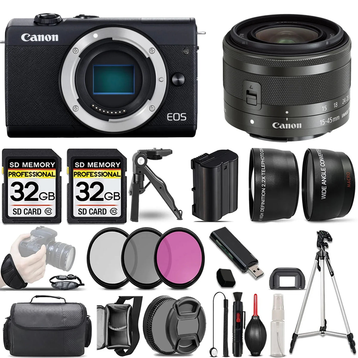 Canon EOS M200 Mirrorless Camera (Black) +15-45mm f/3.5-6.3 IS STM Lens (Graphite) +3 PC Filter +64GB