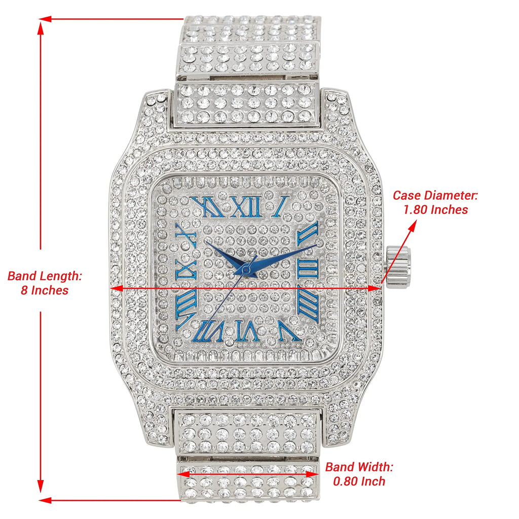 Bling-ed Out Biggie Square Iced Gold Hip Hop Watch You Will Hypnotize in a Flashy Way - 0513Sq (Silver Blue R#)