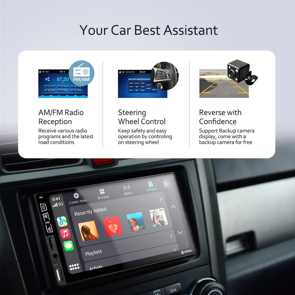 Double Din Car Stereo Bluetooth - Corehan 7 Inch IPS Touch Screen Car Radio Multimedia Player with Complimentary Backup Camera Compatiable with Apple Carplay, Android Auto, Mirror Link