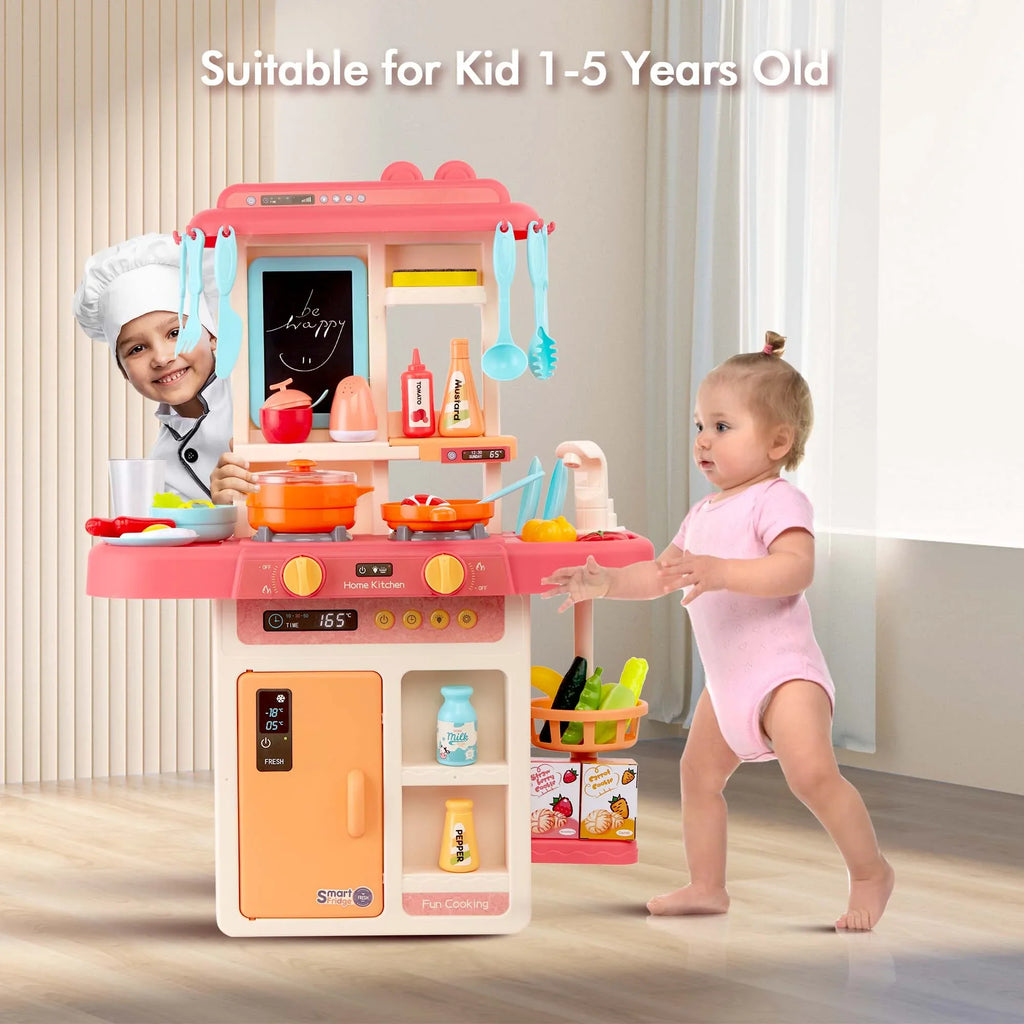 Play Kitchen Set for Kids Pretend Food, 42-Pack Kitchen Toys for Toddlers, Toy Accessories Toddler Set with Real Sounds and Lights, Educational Preschool Toys for Girls Boys, Pink