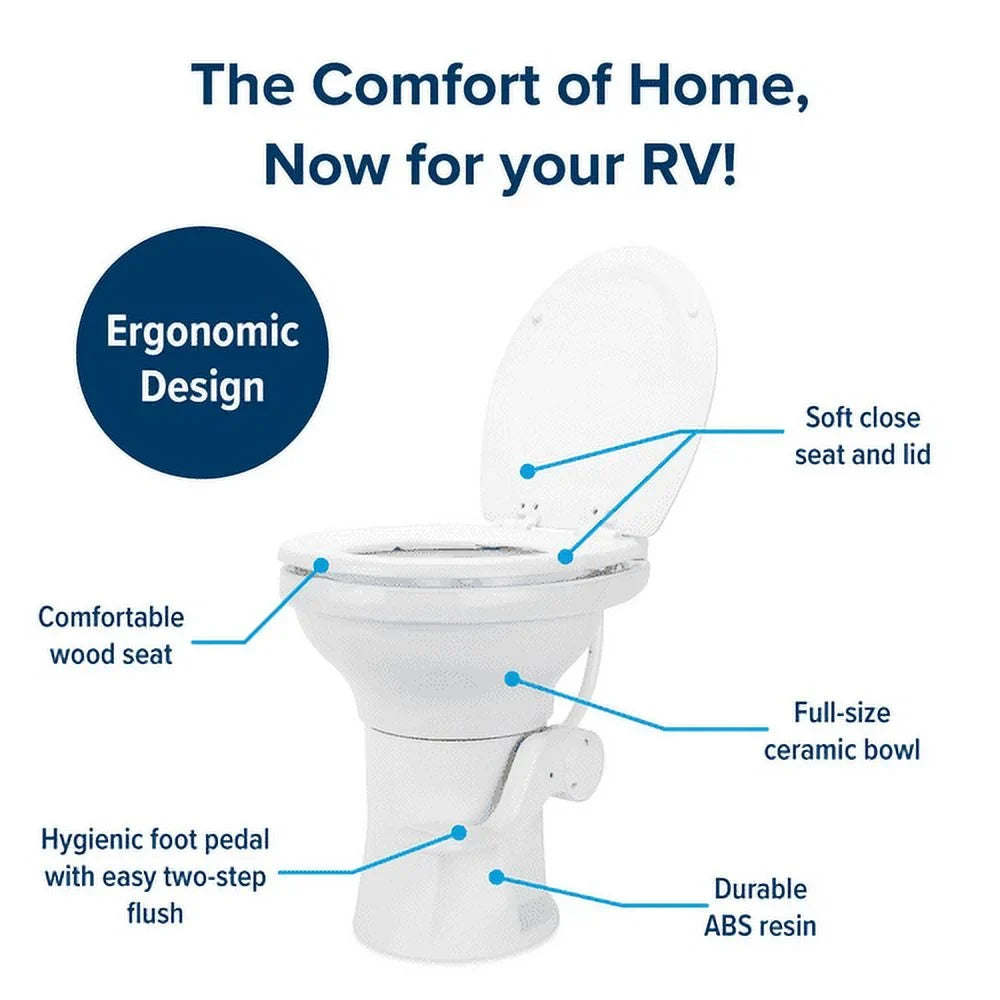 Camco Premium Ceramic Camper/RV Toilet | Features a Gravity Flush System with Convenient Foot Pedal & Full-Sized Ergonomic Design with 18-In Chair Height | Includes Soft-Close Wood Seat & Lid (41710)