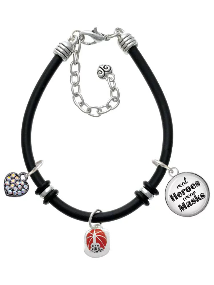 Delight Jewelry Silvertone Red Enamel Firefighter Helmet Dome Real Heroes Wear Masks Black Rubber Charm Bracelet