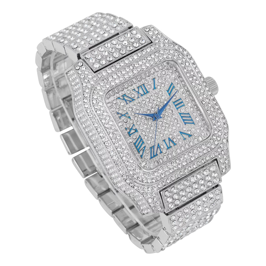 Bling-ed Out Biggie Square Iced Gold Hip Hop Watch You Will Hypnotize in a Flashy Way - 0513Sq (Silver Blue R#)