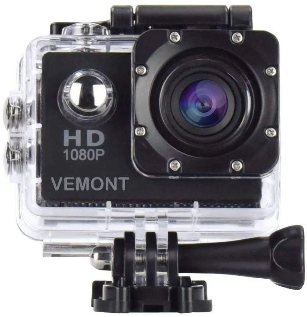 VEMONT Action Camera, 1080P 12MP Sports Camera Full HD 2.0 Inch Action Cam 30m/98ft Underwater Waterproof Snorkel surf Camera with Wide-Angle Lens and Mounting Accessories Kit Black