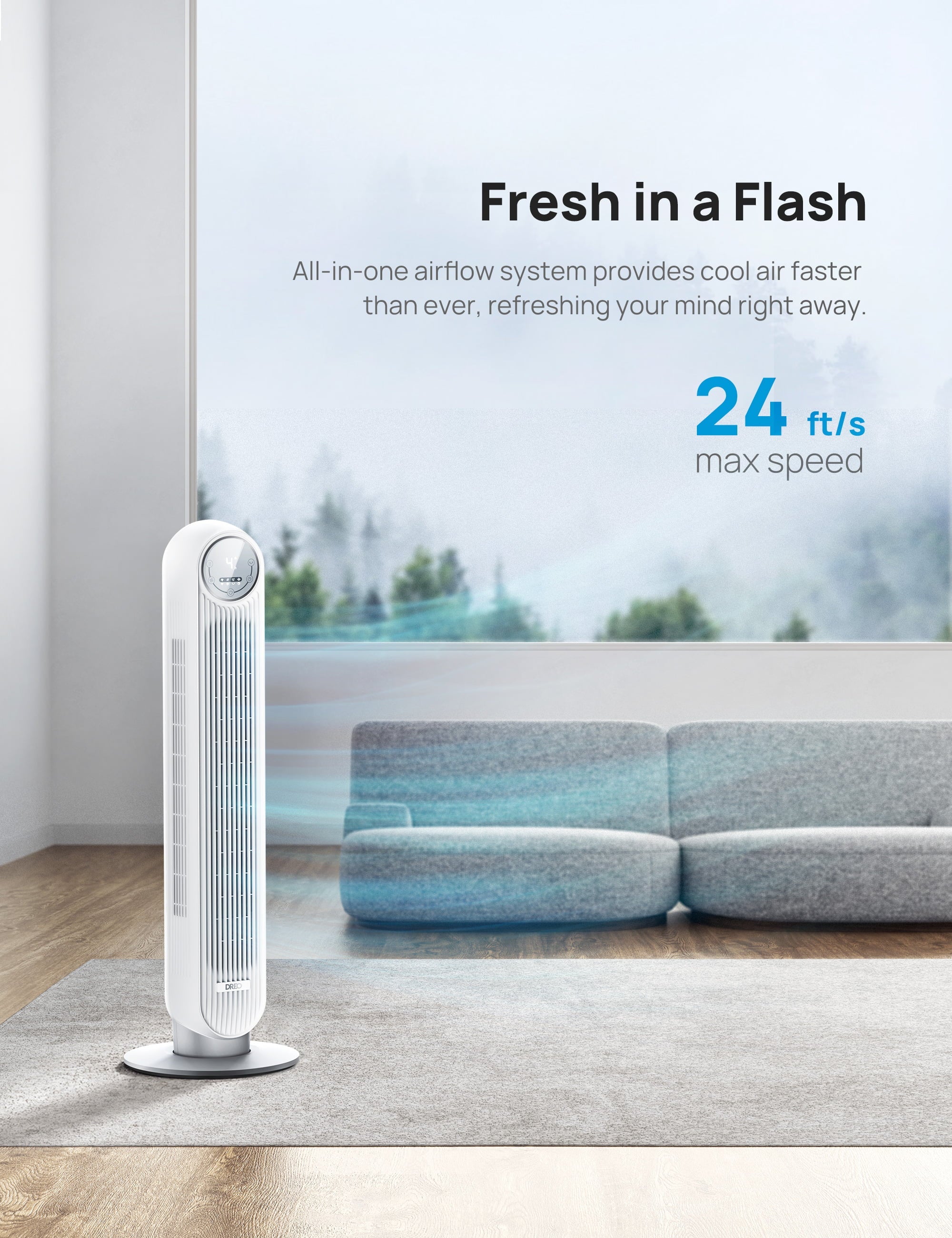 Dreo Tower Fan, Quiet Smart WiFi Fan with Remote, 90° OscilLatitudeing, Voice Control, 4 Modes, 4 Speeds, 8H Timer，white
