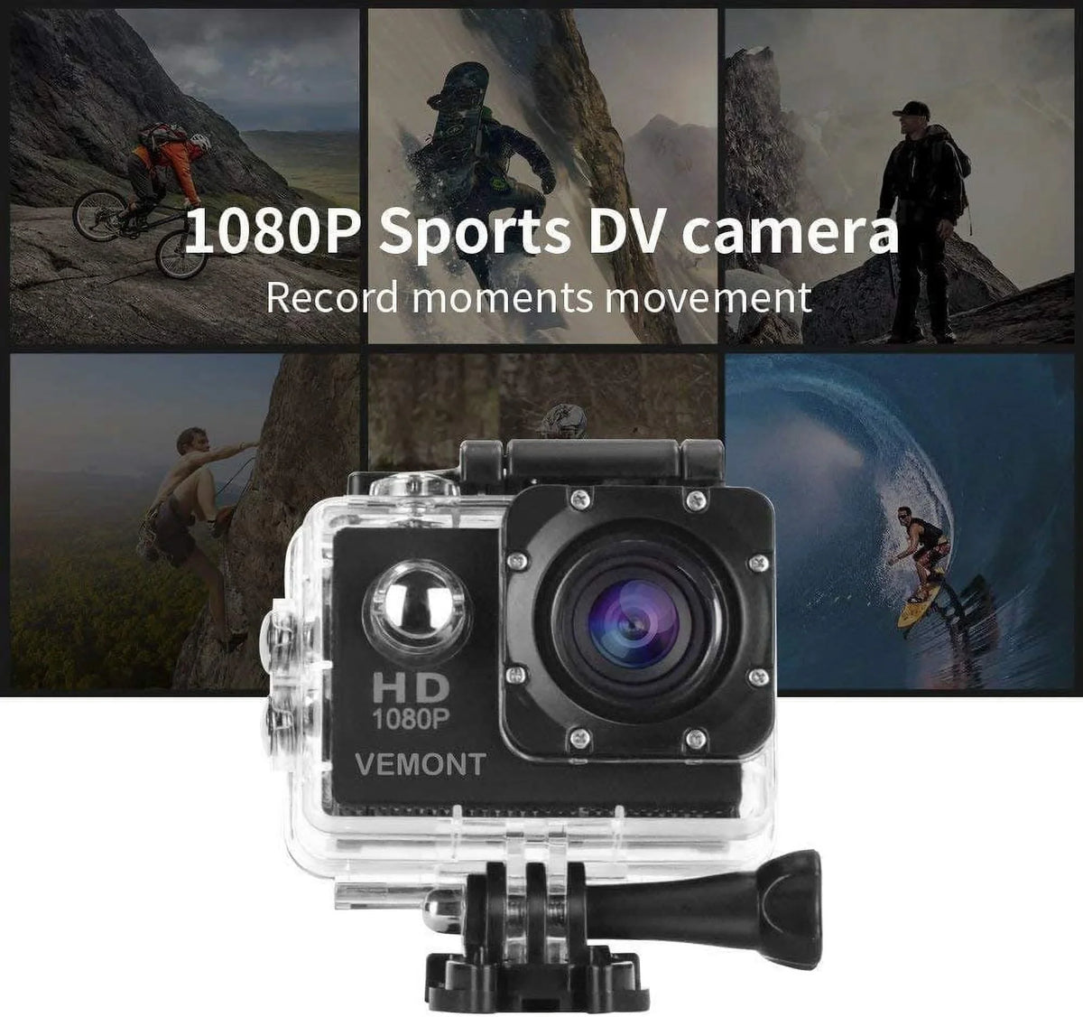 VEMONT Action Camera, 1080P 12MP Sports Camera Full HD 2.0 Inch Action Cam 30m/98ft Underwater Waterproof Snorkel surf Camera with Wide-Angle Lens and Mounting Accessories Kit Black