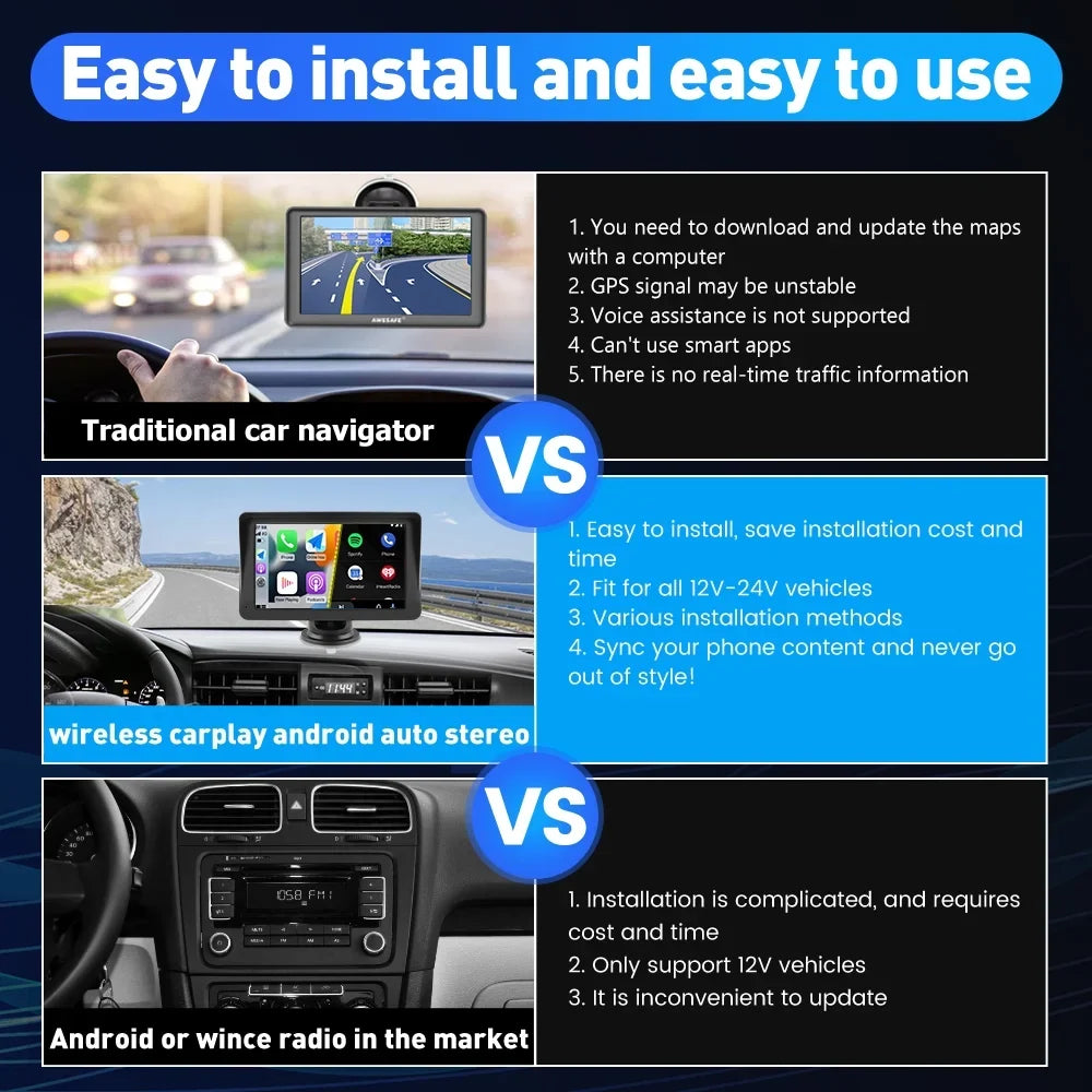 Awesafe 7 inch Touch Screen Wireless Apple Carplay Car Stereo with Android Auto Support Bluetooth , GPS Navigation,FM Audio, Music, Video