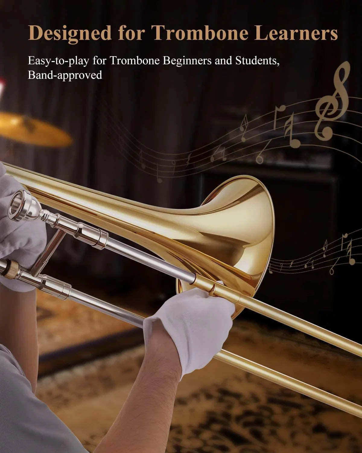 Eastar Bb Tenor Trombone for Beginners Students B FLatitude Brass Instrument, with Case, Mouthpiece, White Gloves, Cleaning Kit, Gold