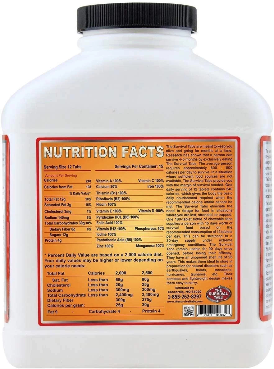 Survival Tabs - 15-Day Food Supply-Emergency Survival Food MRE for Camping Biking, Disaster Preparedness Gluten-Free Non-GMO 25 Years Shelf Life (1 Bottle x 180 tabs/Butterscotch)
