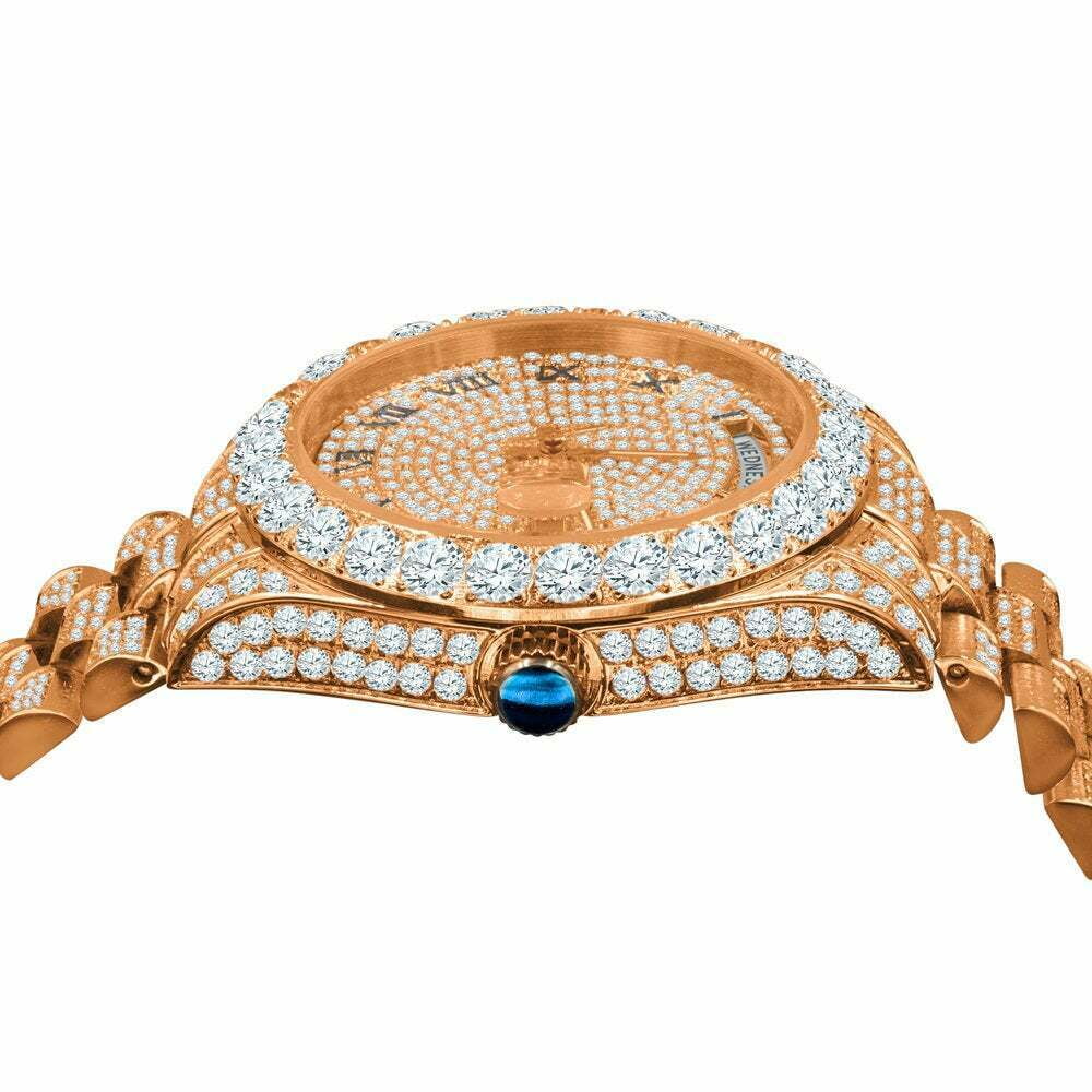 18K Rose Gold Tone Full Steel Day-Date Roman Face Solitaire Bezel Mens SimuLatitudeed Diamond Watch 40mm