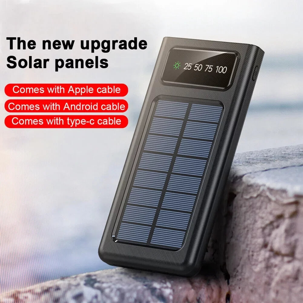 Solar Power Bank 20000Mah Built In 4 Cables Portable Charger W Dual LED Flash