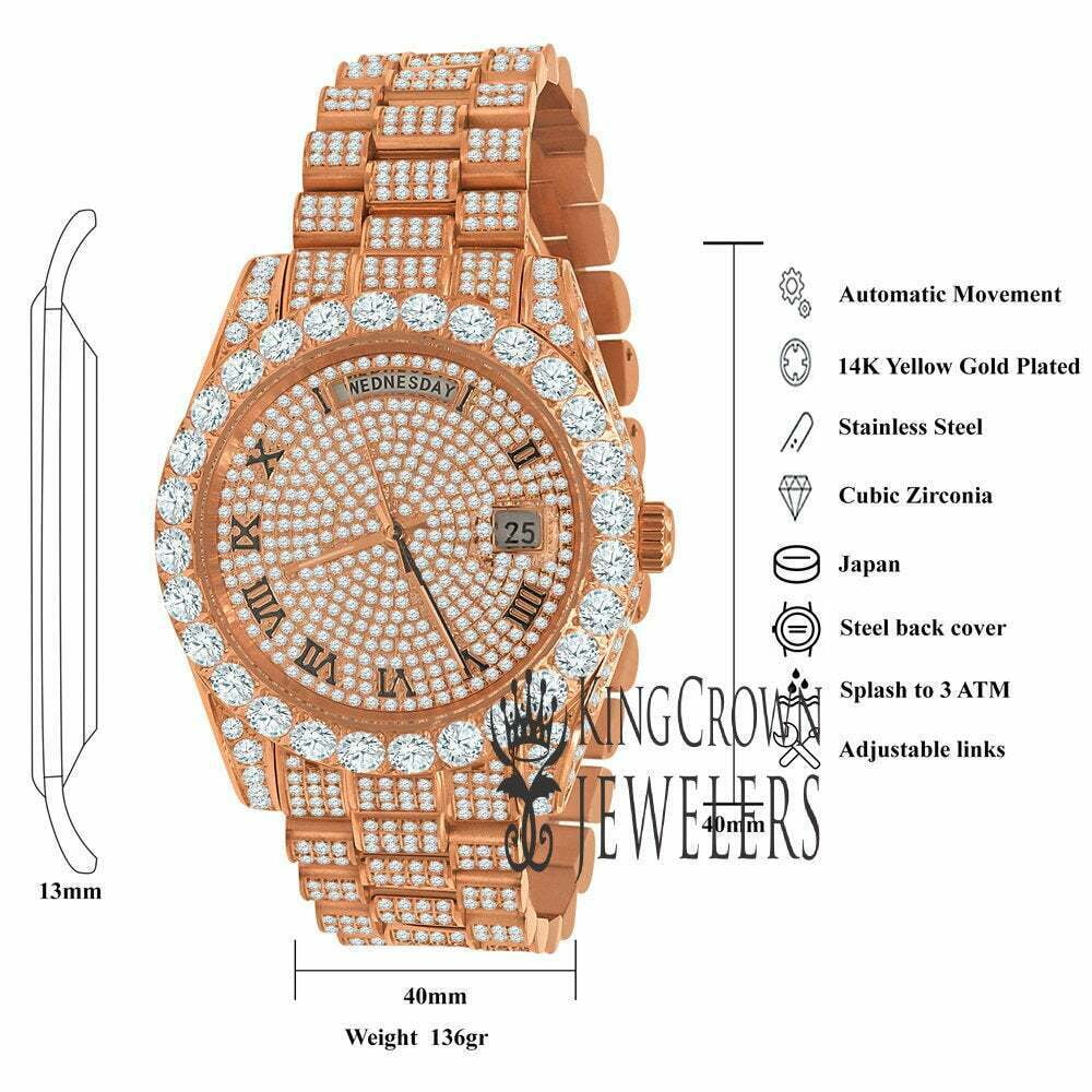 18K Rose Gold Tone Full Steel Day-Date Roman Face Solitaire Bezel Mens SimuLatitudeed Diamond Watch 40mm