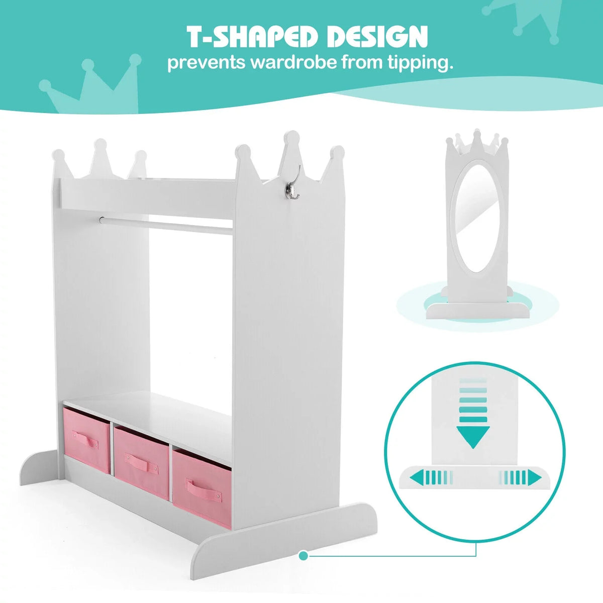 Kid Armoire Lovely White Dress Up Closet Girl Corner Bedroom Wardrobe with Mirror, Side Pocket Top Storage, 3 Drawers