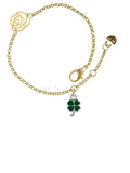 Delight Jewelry Silvertone Mini Green Four Leaf Clover with Heart Leaves Gold-tone Rose Link Chain Bracelet, 6.25"+1.75" Extender