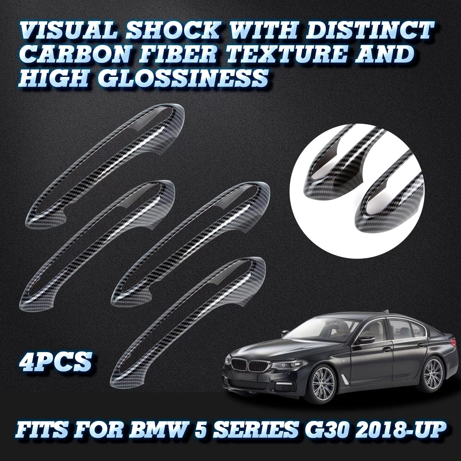Xotic Tech 1 Set (4 pieces) Exterior Door Handle Surround Cover trims, Carbon Fiber Style, Compatible with BMW 5 Series G30 2018-up