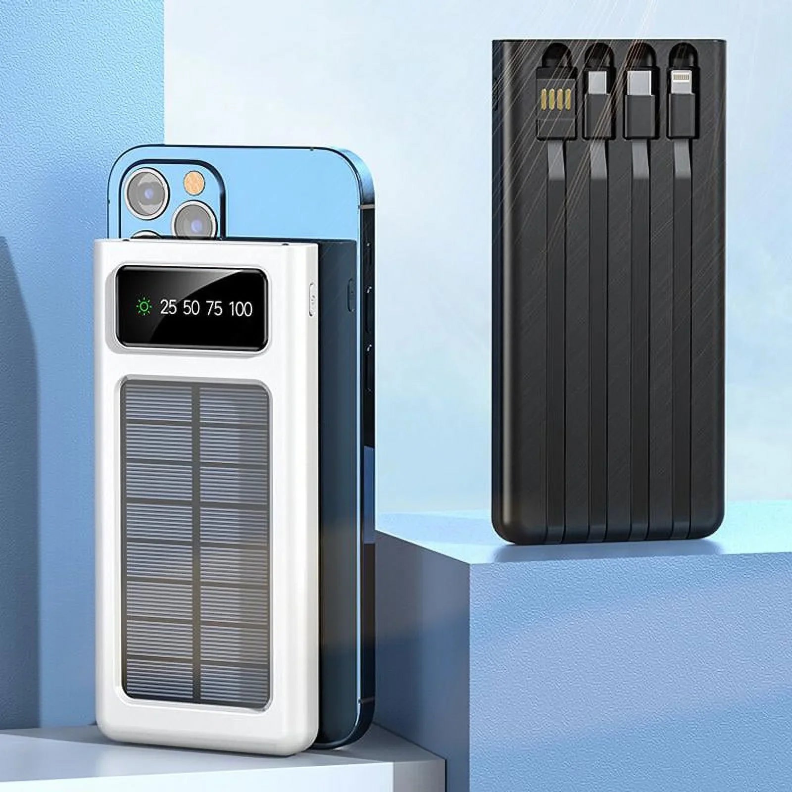 Solar Power Bank 20000Mah Built In 4 Cables Portable Charger W Dual LED Flash