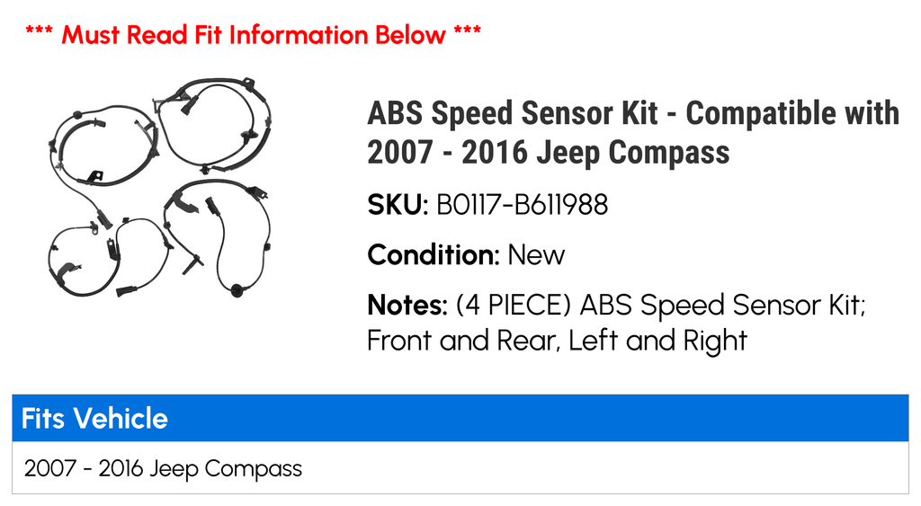 ABS Speed Sensor Kit - Compatible with 2007 - 2016 Jeep Compass 2008 2009 2010 2011 2012 2013 2014 2015