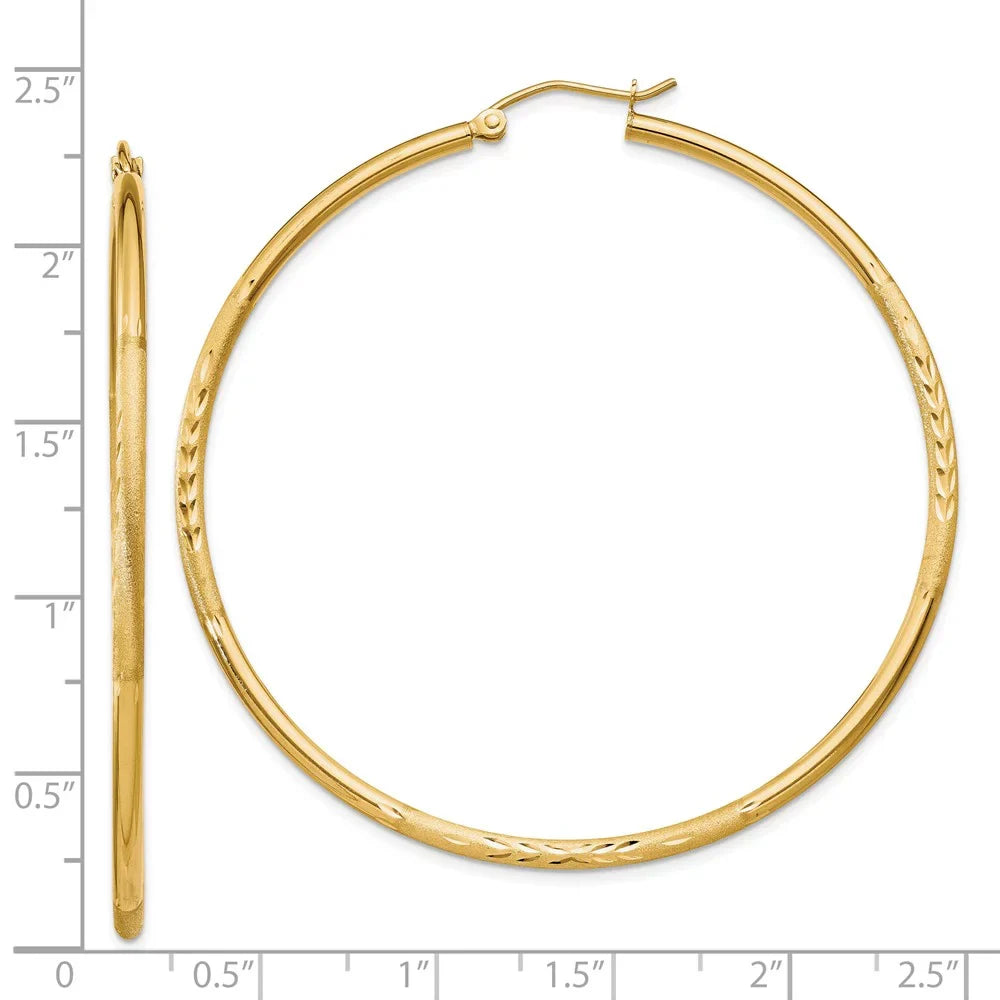 Real 14kt Yellow Gold Satin and Diamond-cut 2mm Round Tube Hoop Earrings; for Adults and Teens; for Women and Men