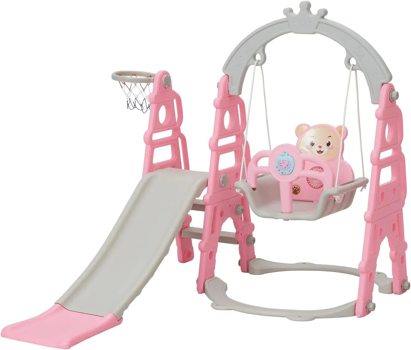 Kinbor 5 in 1 Toddler Slide Swing Set, Climber Slide Playground Baby Playset for Outdoor & Indoor with Basketball Hoop, Extra Long Slide & Easy Climb Stairs, Pink