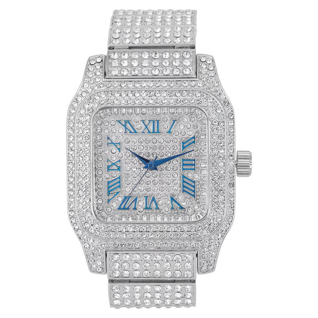 Bling-ed Out Biggie Square Iced Gold Hip Hop Watch You Will Hypnotize in a Flashy Way - 0513Sq (Silver Blue R#)