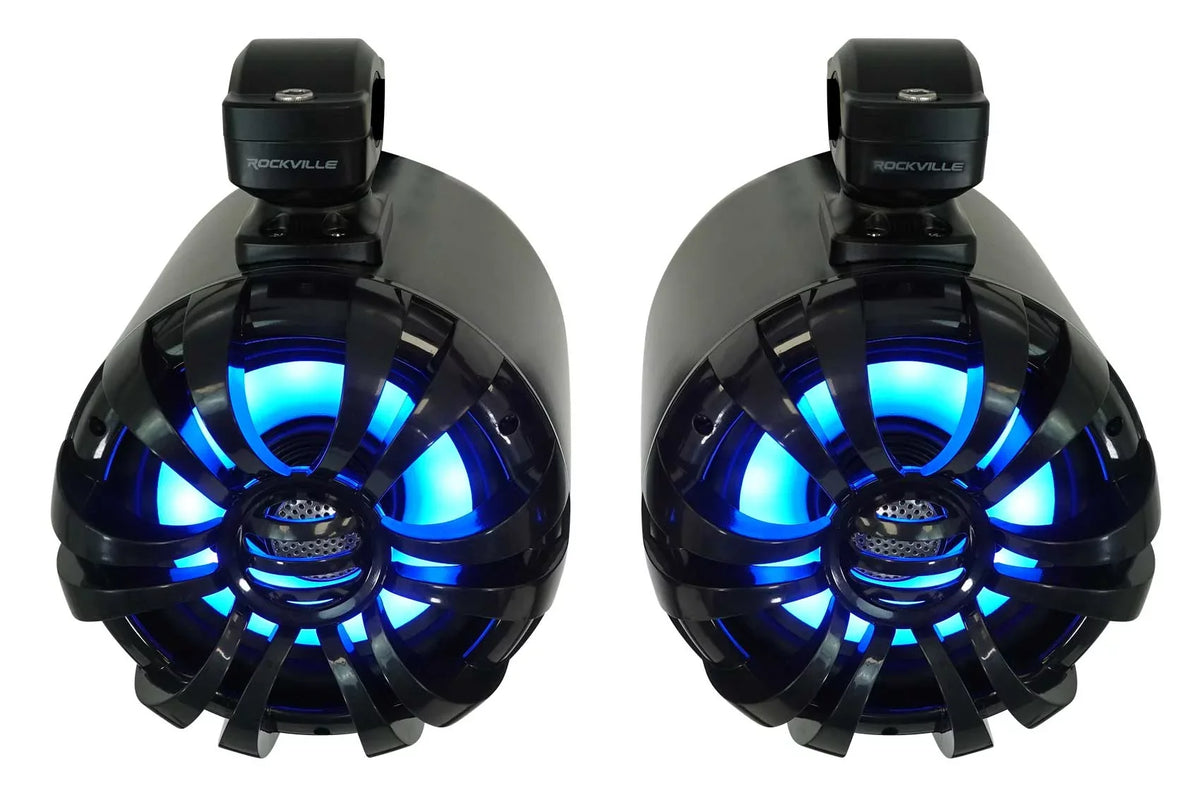Pair Rockville WB65KLED 6.5" 600w Black Marine Wakeboard LED Tower Speakers+Remote