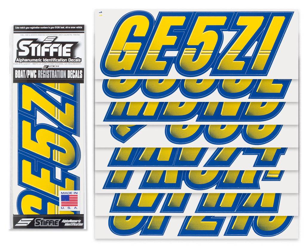 STIFFIE Techtron Yellow/Navy 3" Alpha-Numeric Identification Custom Kit Registration Numbers & Letters Marine Stickers Decals for Boats & Personal Watercraft PWC