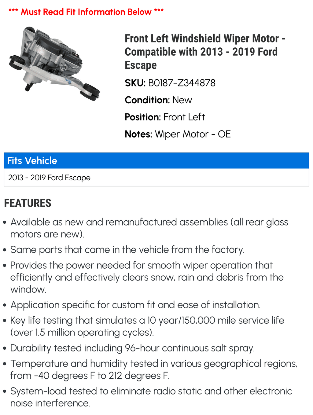 Front Left Windshield Wiper Motor - Compatible with 2013 - 2019 Ford Escape 2014 2015 2016 2017 2018