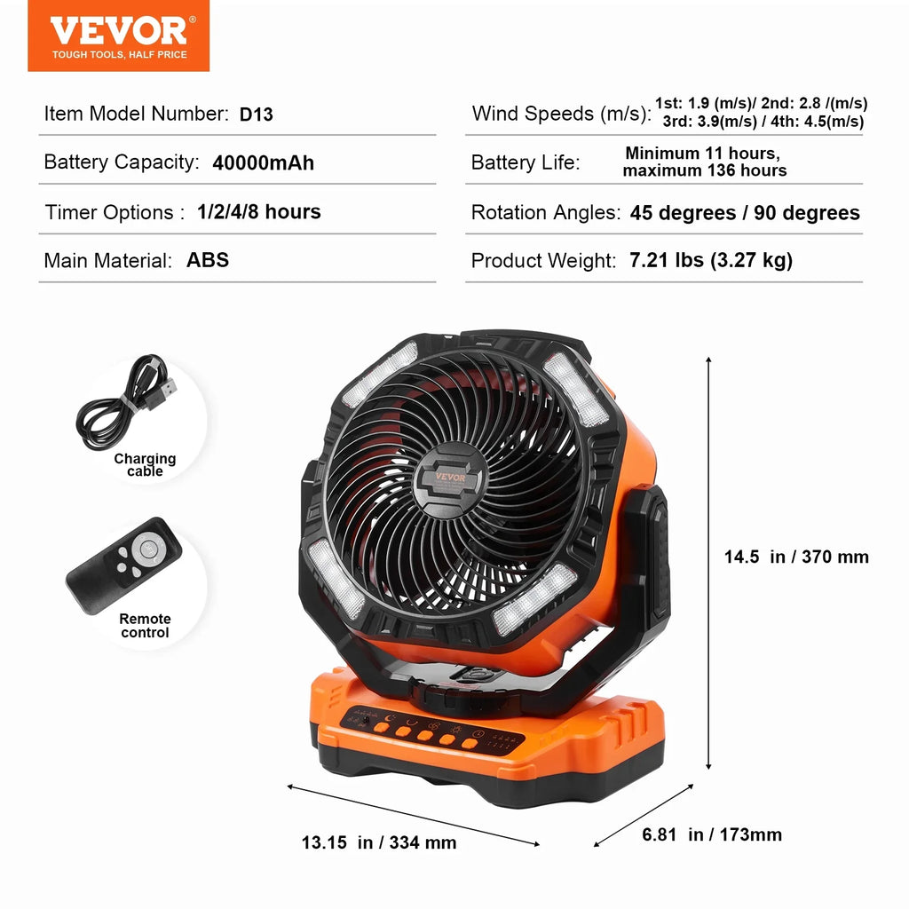 SKYSHALO 13 inch Portable Fan Rechargeable with LED Lantern 4 Speeds Swivel Timer