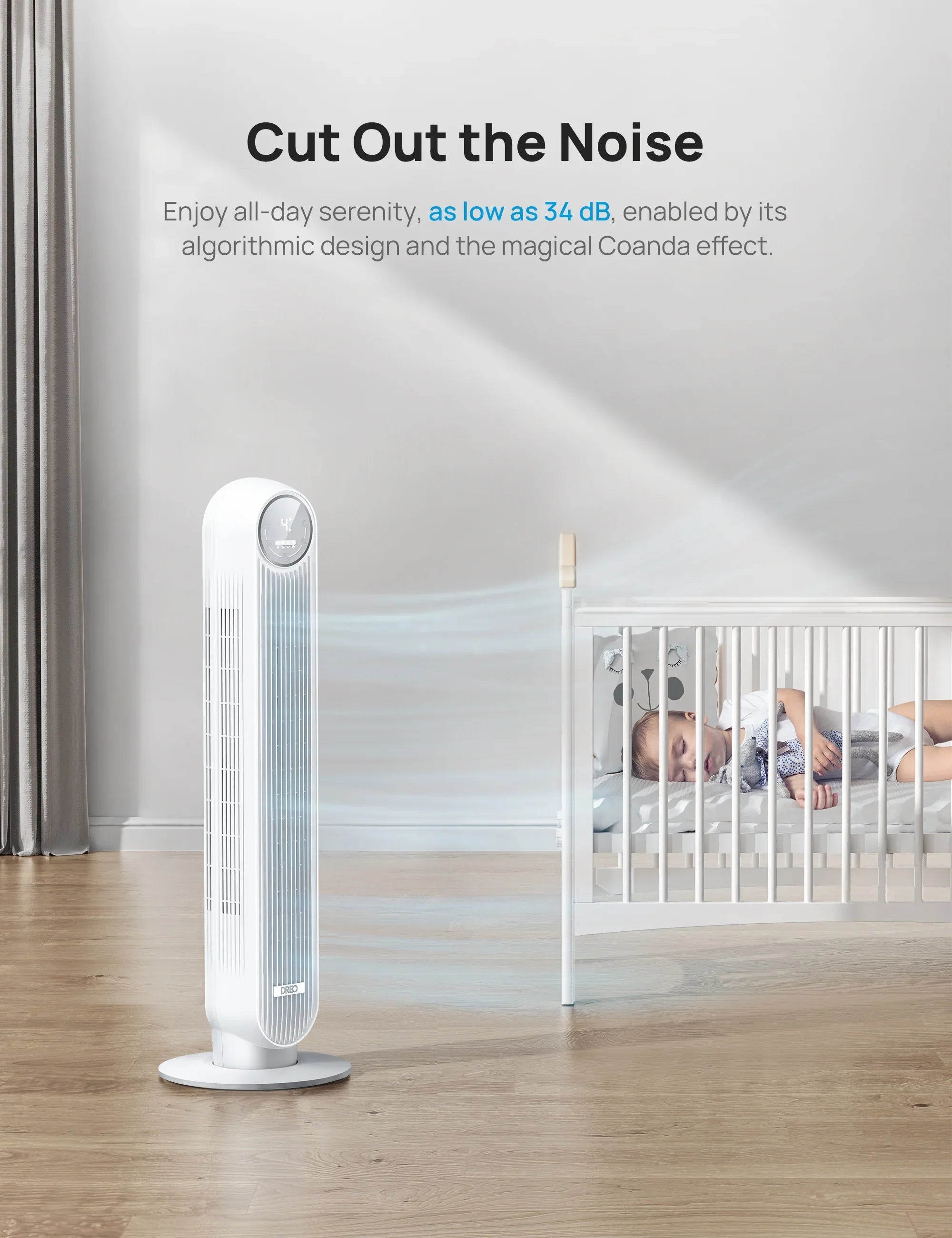 Dreo Tower Fan, Quiet Smart WiFi Fan with Remote, 90° OscilLatitudeing, Voice Control, 4 Modes, 4 Speeds, 8H Timer，white