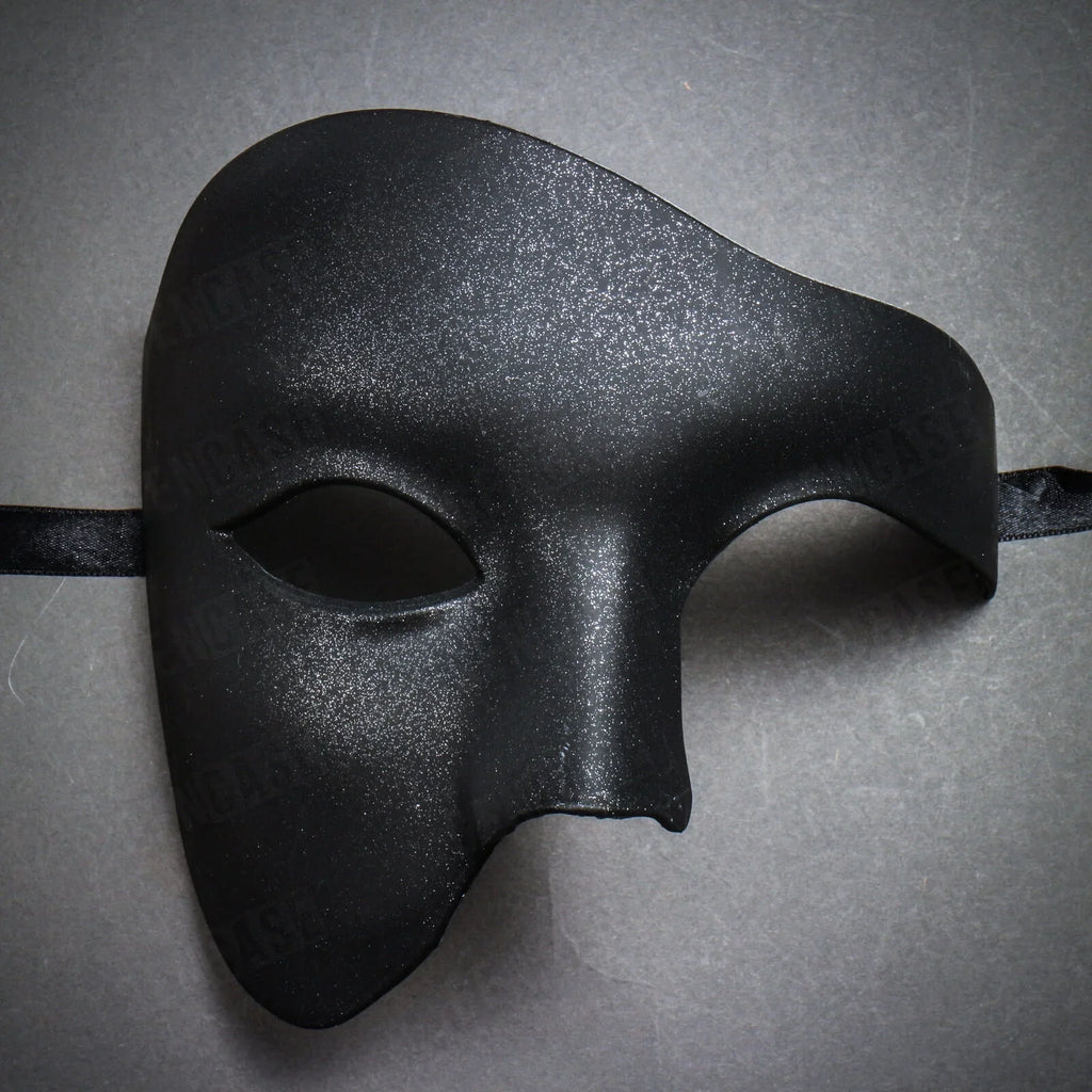 Plain Black Vintage Phantom Masquerade Mask | Half Face Venetian Halloween Costume