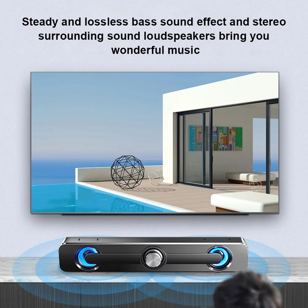 Andoer V 111 Computer Speaker USB Wired Powerful Bar Stereo Subwoofer Bass Speaker Blue LED Light, All match Decoration