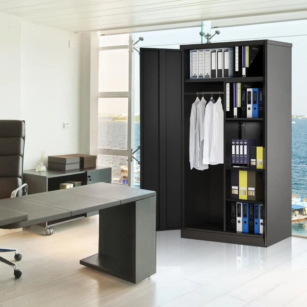 HOOMHIBIU Metal  Cabinets Locker with Locking Door  72'' Clothing Coat Steel Wardrobe Cabinet with Lock and Shelves for Office  Home  Garage  Employee  Freestanding (Black)