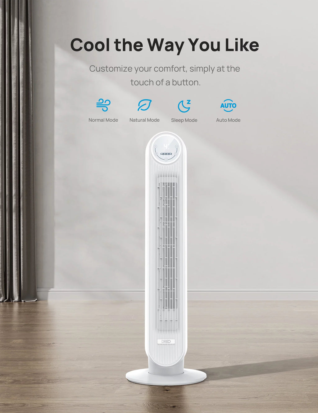 Dreo Tower Fan, Quiet Smart WiFi Fan with Remote, 90° OscilLatitudeing, Voice Control, 4 Modes, 4 Speeds, 8H Timer，white