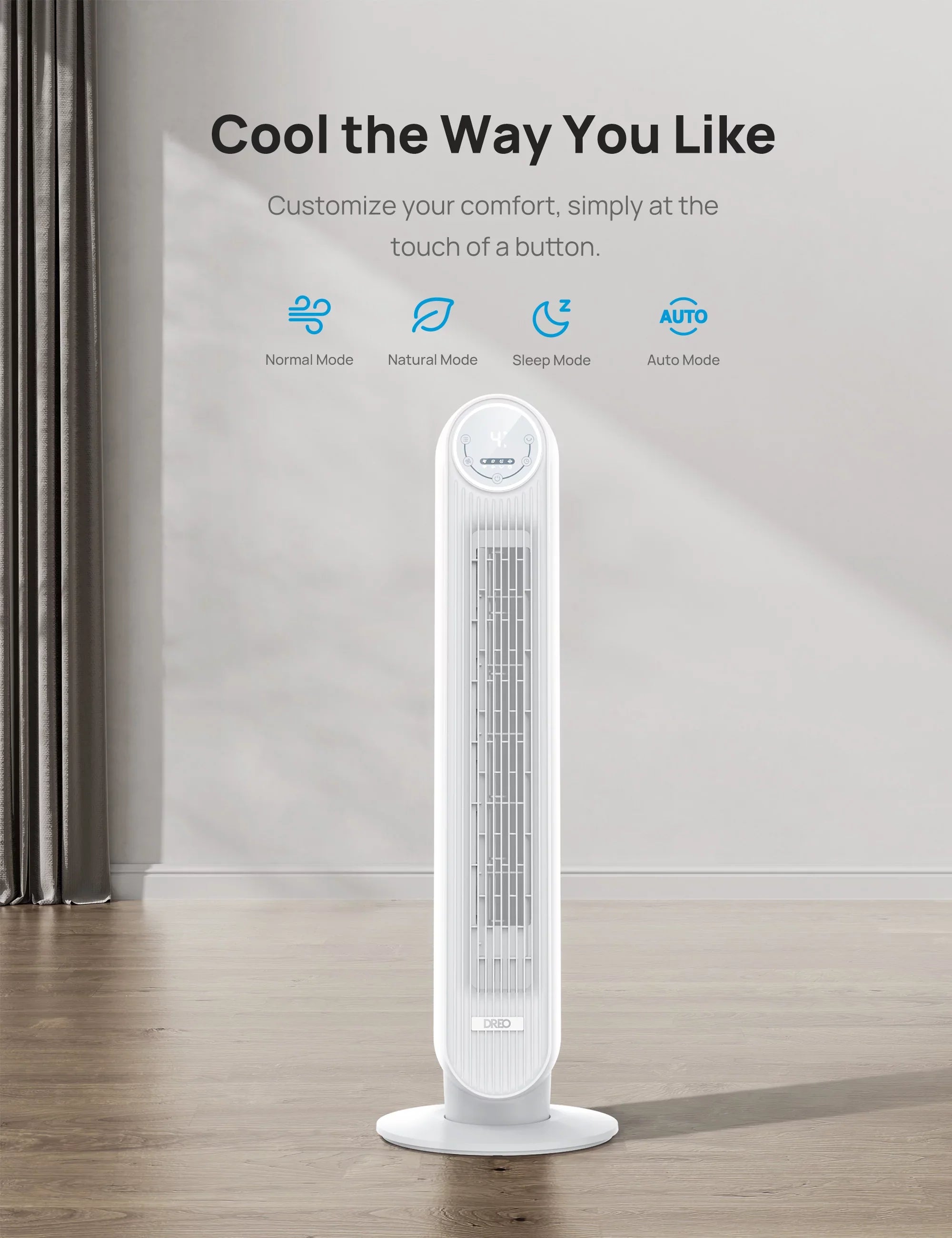 Dreo Tower Fan, Quiet Smart WiFi Fan with Remote, 90° OscilLatitudeing, Voice Control, 4 Modes, 4 Speeds, 8H Timer，white