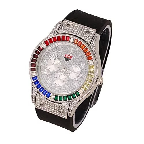 Charles Raymond Iced Out Mens Color on Blast Watch Single or Combo Sets with Blinged Out Bracelets Set. Iced Out Colourful Rainbow Flame Collection (ST10380-ZZ SLV)