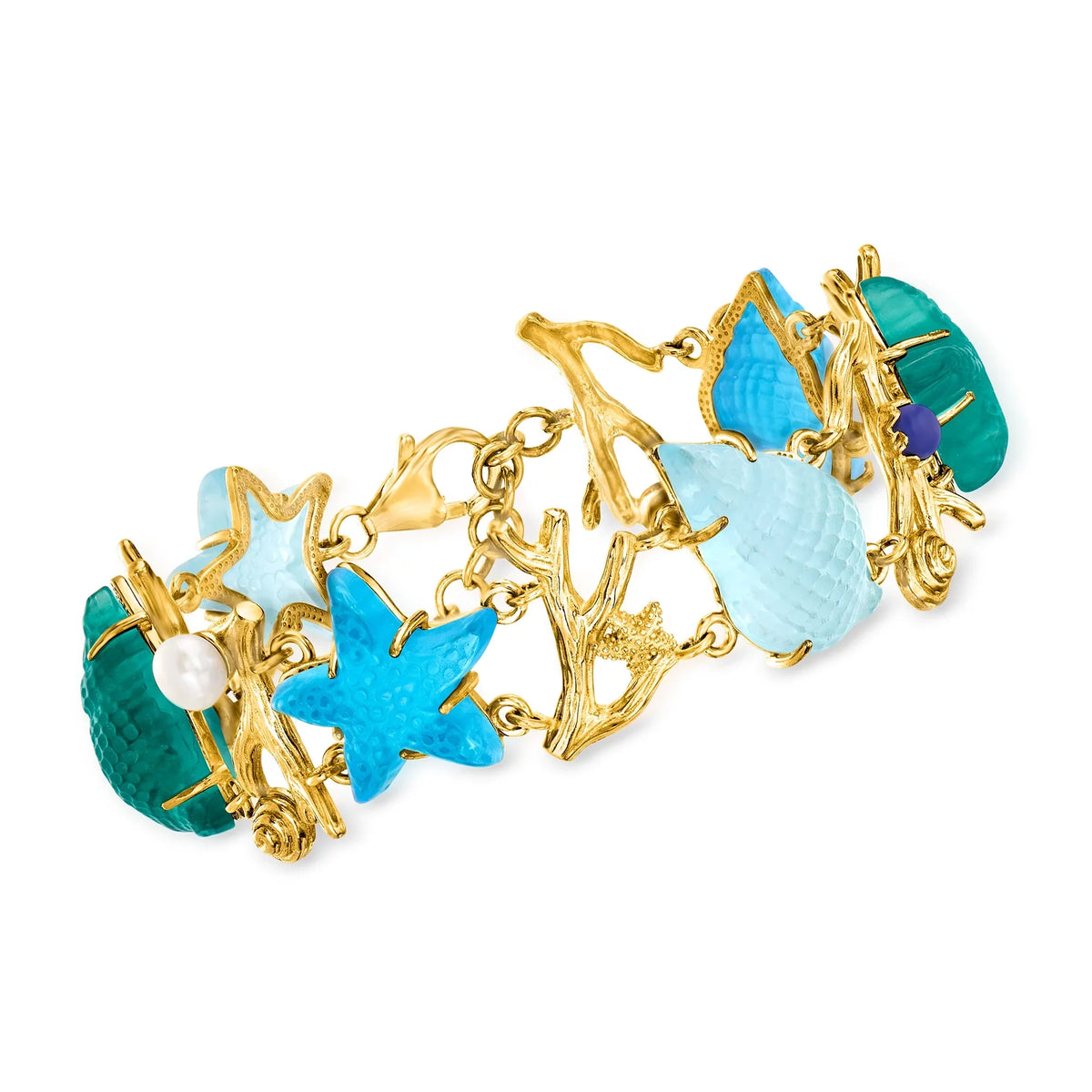 Ross-Simons Italian Tagliamonte Blue and Green Venetian Glass Sealife Bracelet With Cultured Pearl in 18kt Gold Over Sterling, Women's, Adult