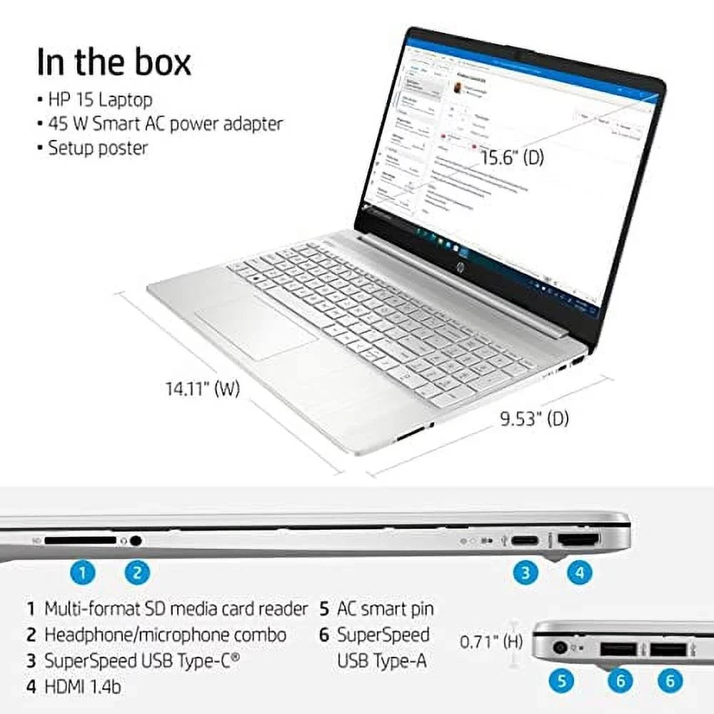 HP 2022 15.6" FHD Micro-Ege Display Laptop PC Intel 11th Gen 4-Core i5-1135G7 12GB DDR4 RAM 256GB NVMe SSD Intel Iris Xe Graphics Webcam HDMI WiFi AC BT USB-C Silver Windows 10 Pro w/RE USB Drive