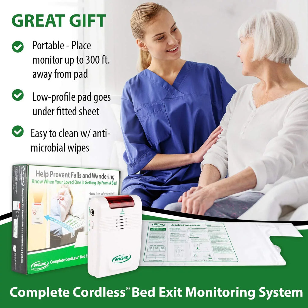 Smart Caregiver Cordless Bed Exit Monitoring System Alarm with Bed Pressure Sensing Pad - Help Prevent Falls and Wandering While Unattended, 2 Piece Set