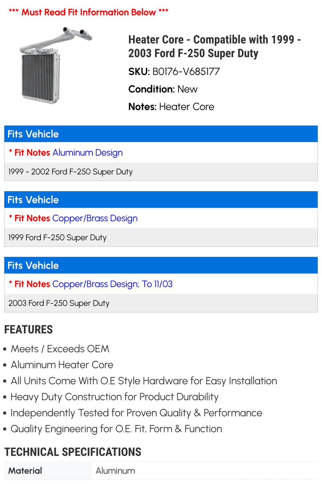 Heater Core - Compatible with 1999 - 2003 Ford F-250 Super Duty 2000 2001 2002
