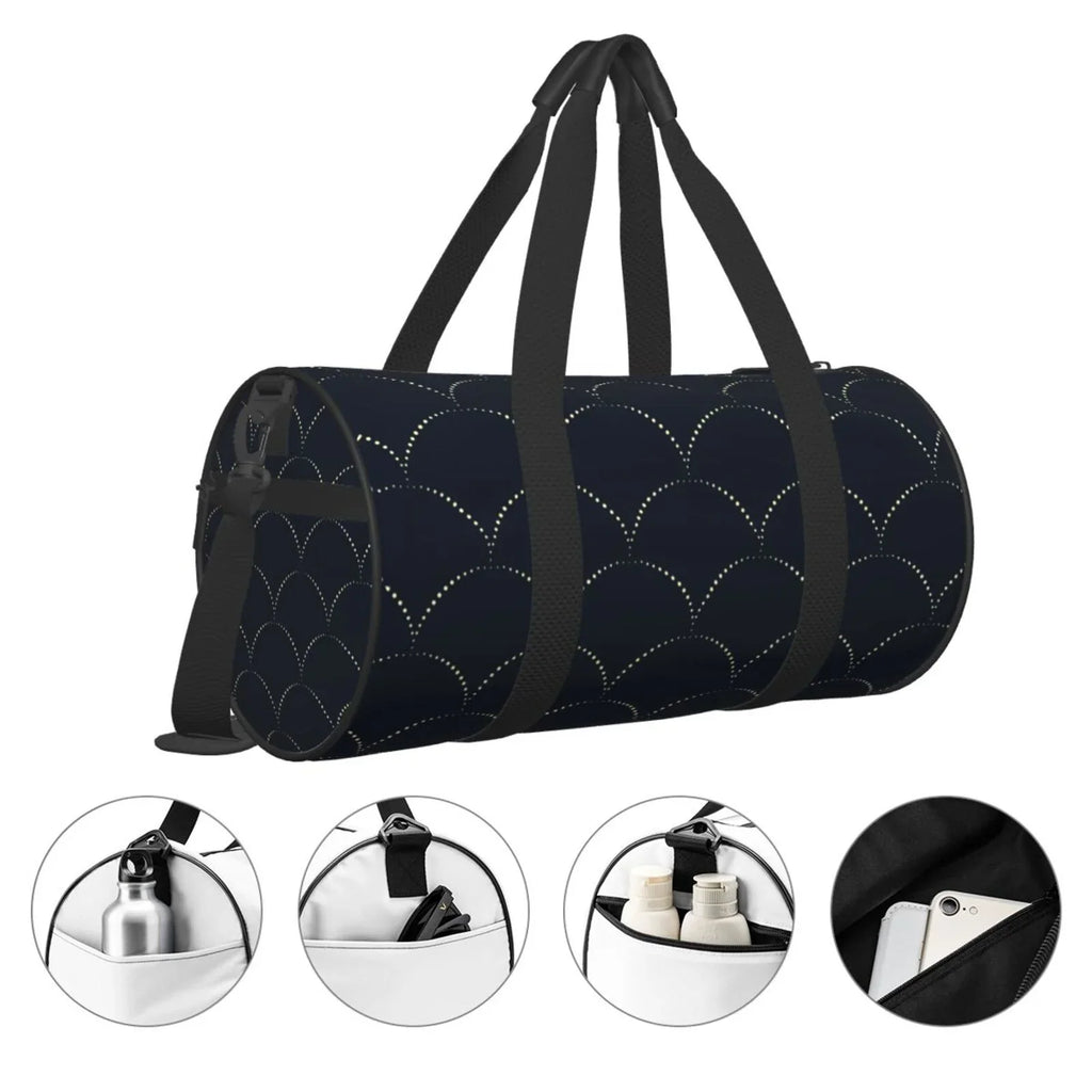 Coaee Black Fish scales Large Capacity Travel Luggage Bag Cylinder Gym Bag Waterproof Sports Bag with Pocket and Compartment