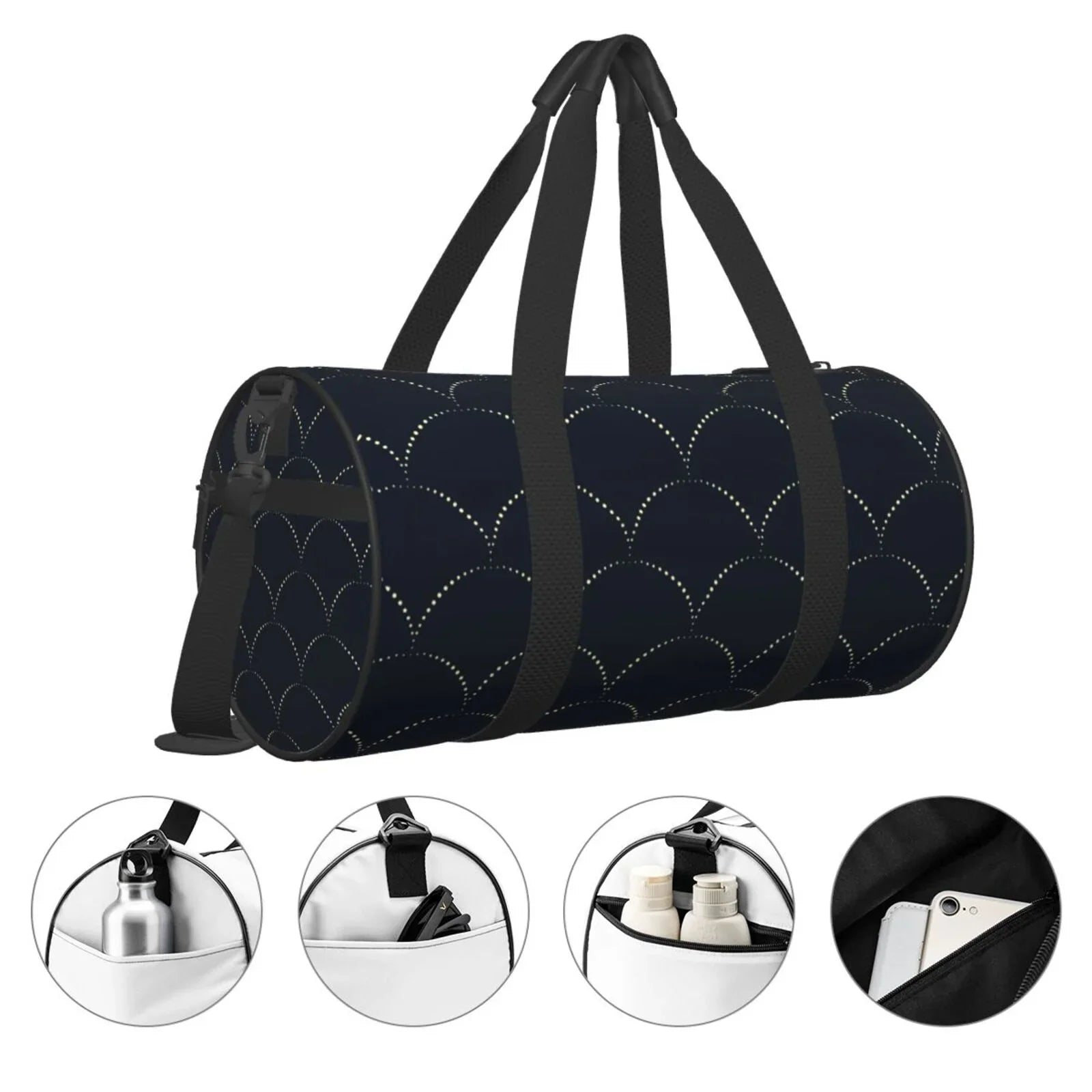 Coaee Black Fish scales Large Capacity Travel Luggage Bag Cylinder Gym Bag Waterproof Sports Bag with Pocket and Compartment