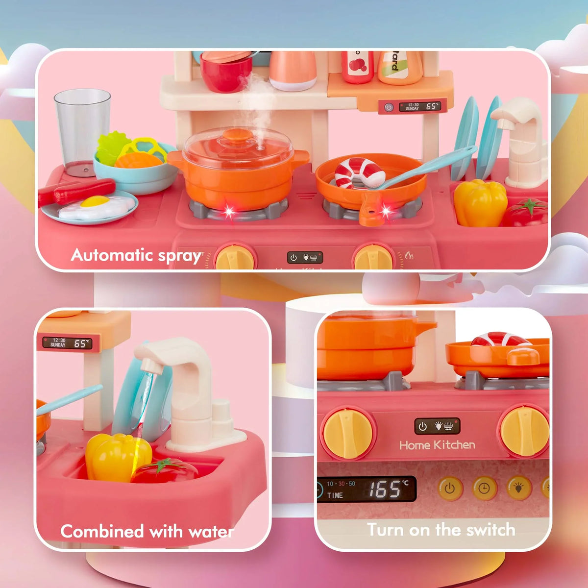 Play Kitchen Set for Kids Pretend Food, 42-Pack Kitchen Toys for Toddlers, Toy Accessories Toddler Set with Real Sounds and Lights, Educational Preschool Toys for Girls Boys, Pink