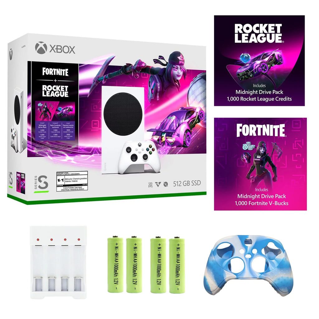 Microsoft Xbox Series S – Fortnite & Rocket League Bundle (Disc-free Gaming) - White, 512 GB Video Game Consoles, Bundled with Silicone Controller Cover Skin + Batteries and Charger Accessories Set