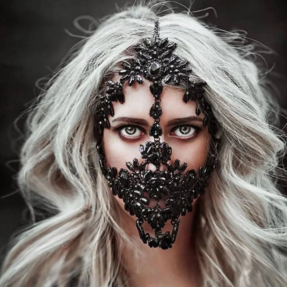 Black Crystal Full Face Mask Halloween Mask Masquerade Mask Rhinestone Face Chain Face Jewelry Women Face Accessories