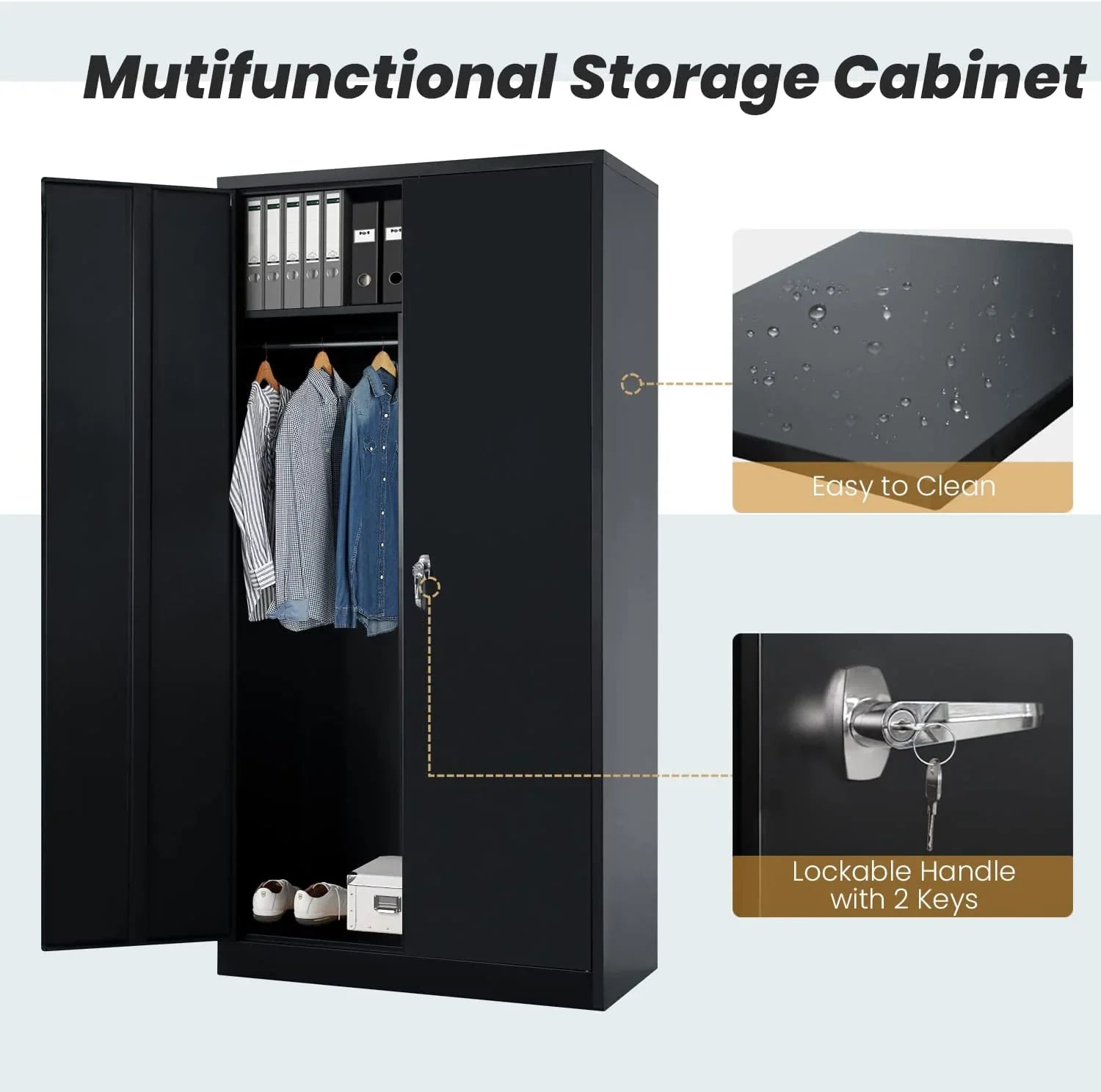 HOOMHIBIU Metal  Cabinets Locker with Locking Door  72'' Clothing Coat Steel Wardrobe Cabinet with Lock and Shelves for Office  Home  Garage  Employee  Freestanding (Black)