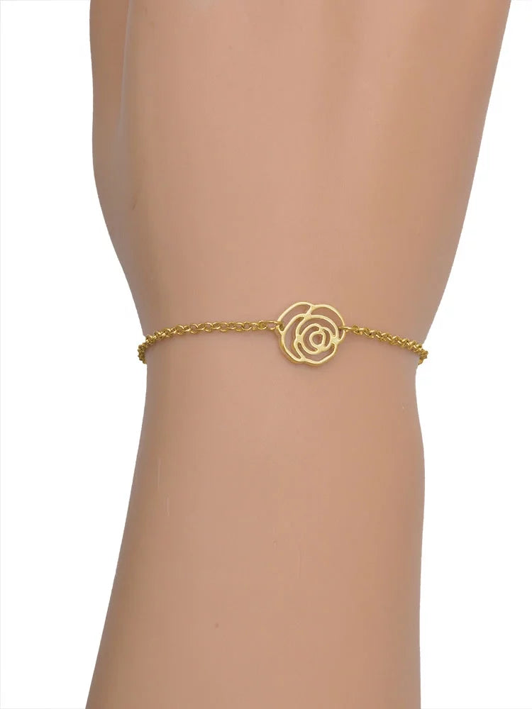 Delight Jewelry Silvertone Mini Green Four Leaf Clover with Heart Leaves Gold-tone Rose Link Chain Bracelet, 6.25"+1.75" Extender