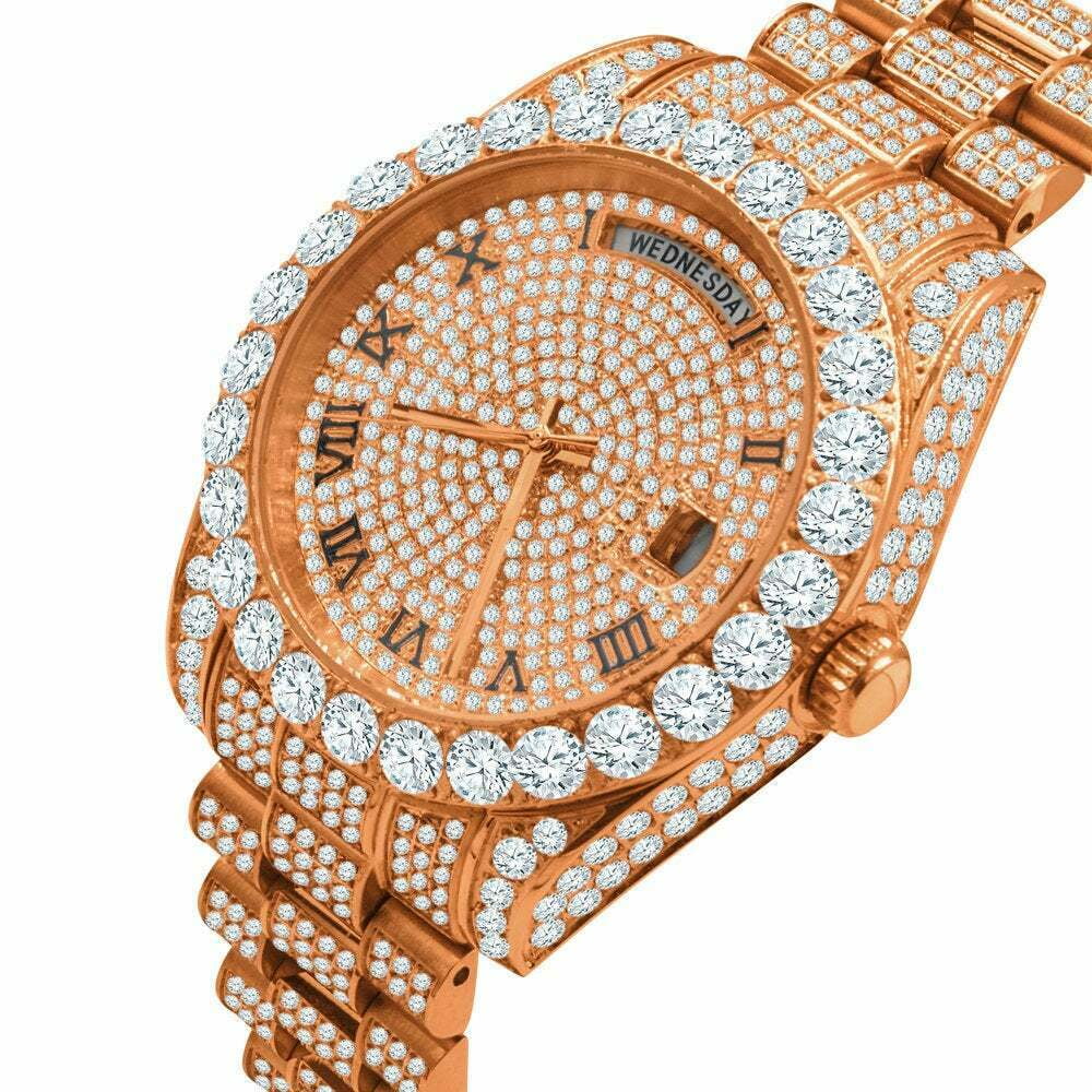 18K Rose Gold Tone Full Steel Day-Date Roman Face Solitaire Bezel Mens SimuLatitudeed Diamond Watch 40mm