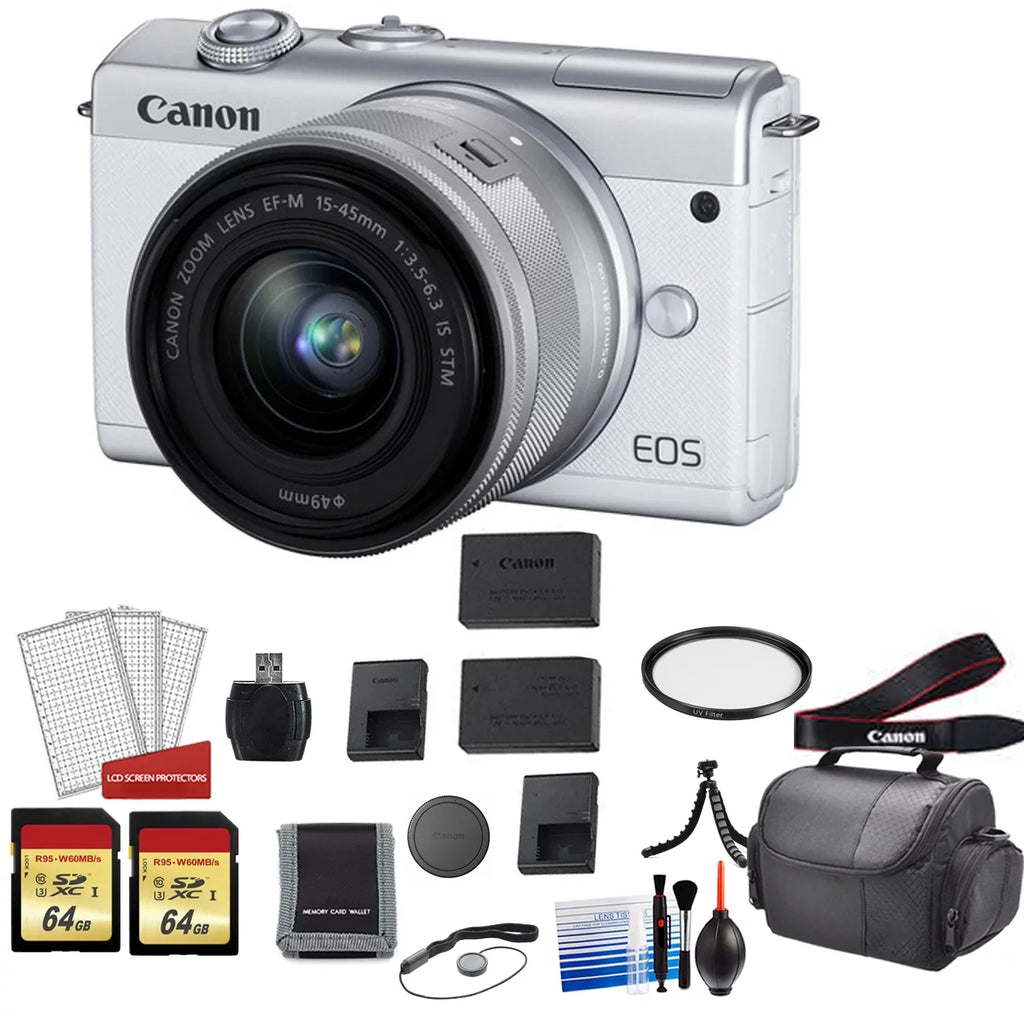 Canon EOS M200 Mirrorless Digital Camera with 15-45mm Lens (White) Kit with Spare Battery + 128GB Memory Card + More