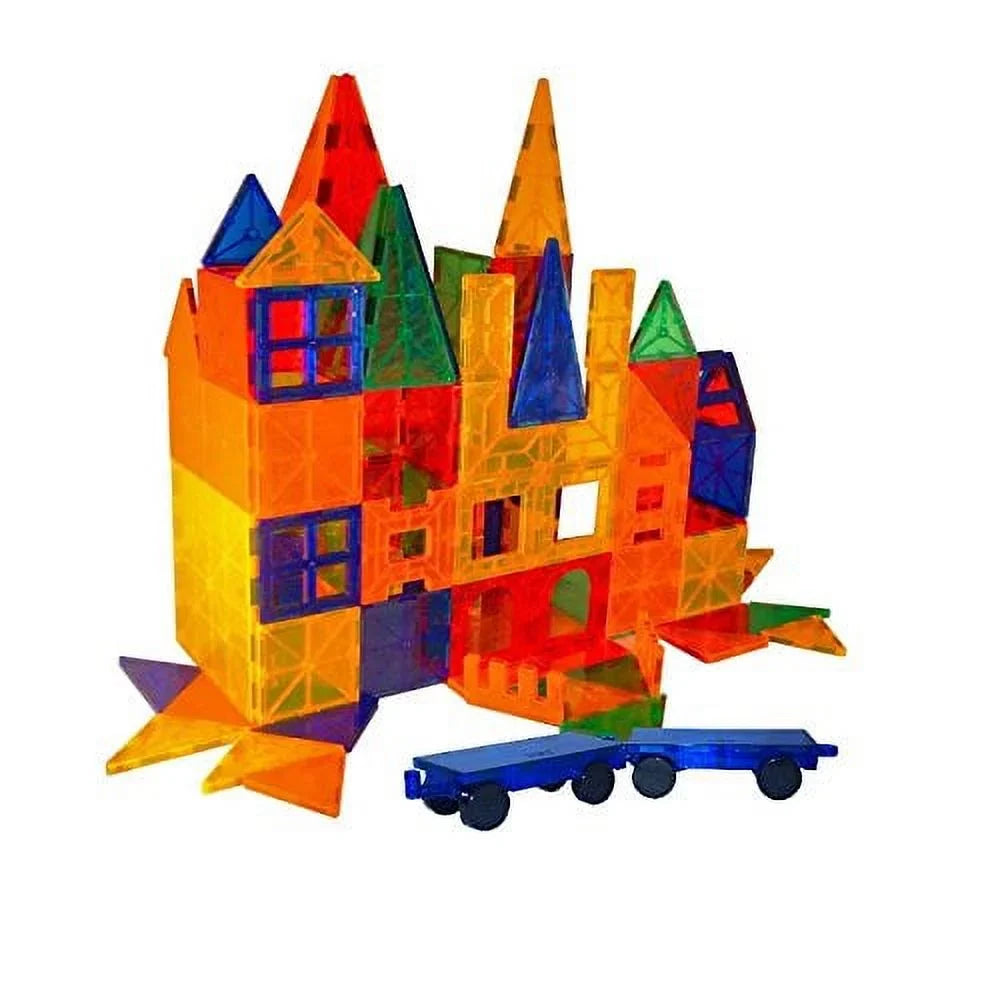 Mag-Genius Award Winning building Magnet Tiles Clear Colours 3D Brain Building Blocks Set of 105 + Pieces Includes 2 Cars And Free Storage Bin