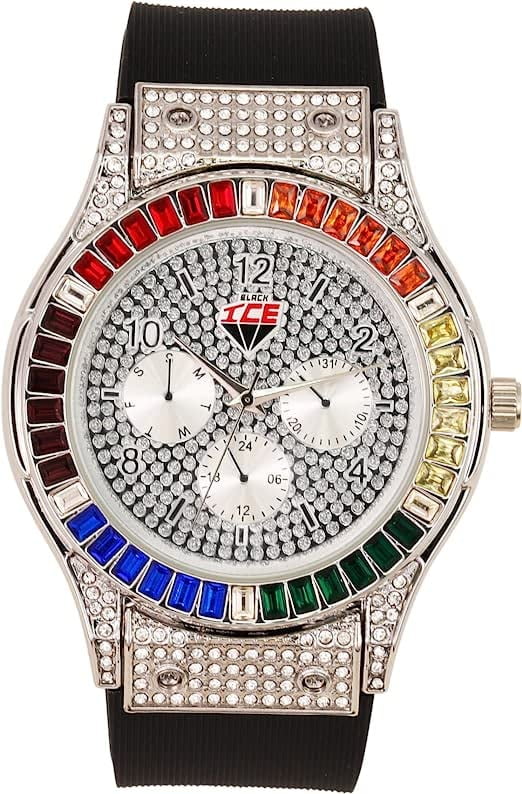 Charles Raymond Iced Out Mens Color on Blast Watch Single or Combo Sets with Blinged Out Bracelets Set. Iced Out Colourful Rainbow Flame Collection (ST10380-ZZ SLV)